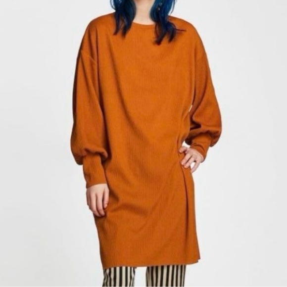 NWOT ZARA Zara Burnt Orange Oversized Needlecord Tunic Dress Size Small - Picture 2 of 9
